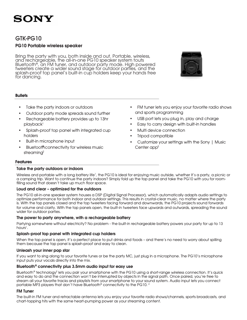 Page n°1 - Fiche technique Sony GTK-PG10