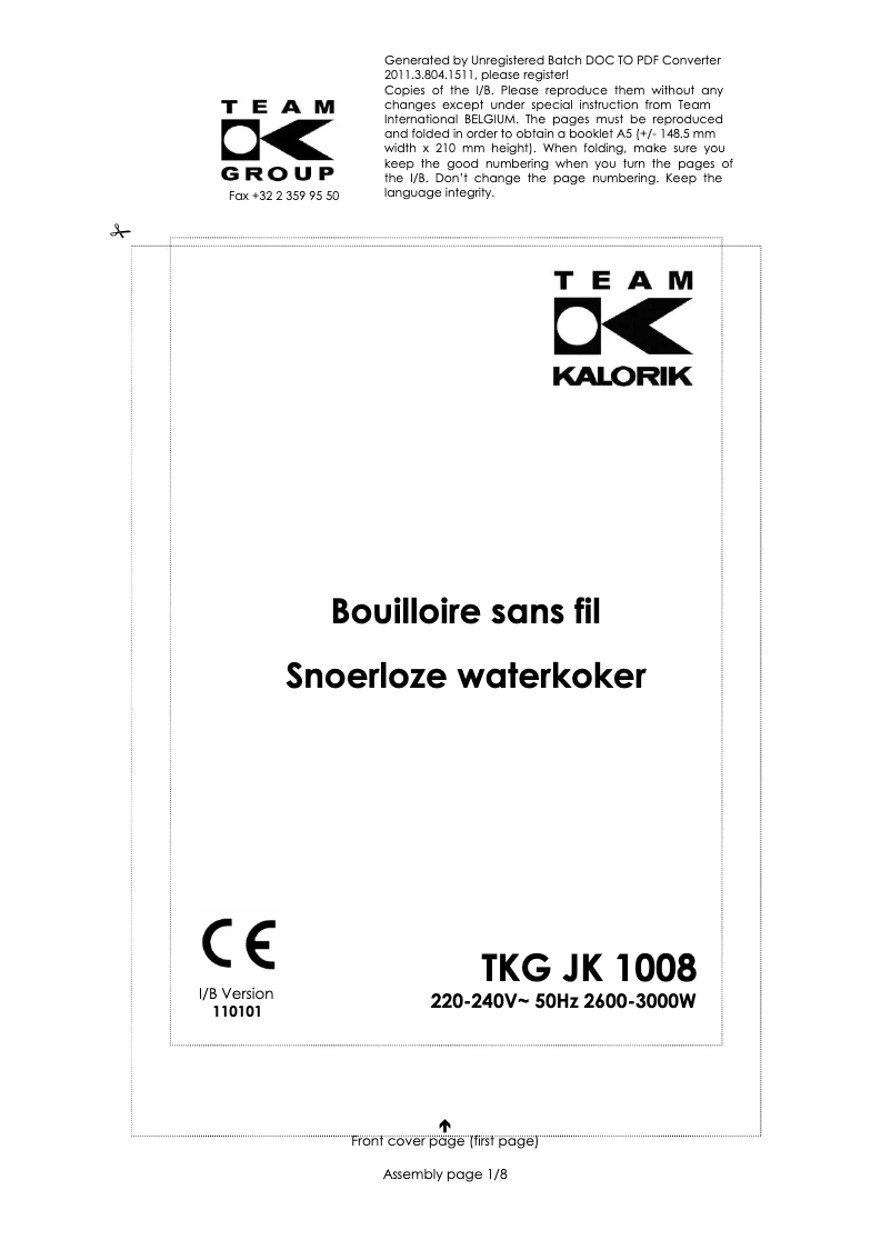 Page 1 de la notice Manuel utilisateur Kalorik TKG JK 1008