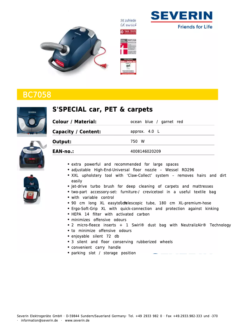 Page 1 de la notice Fiche technique Severin BC7058