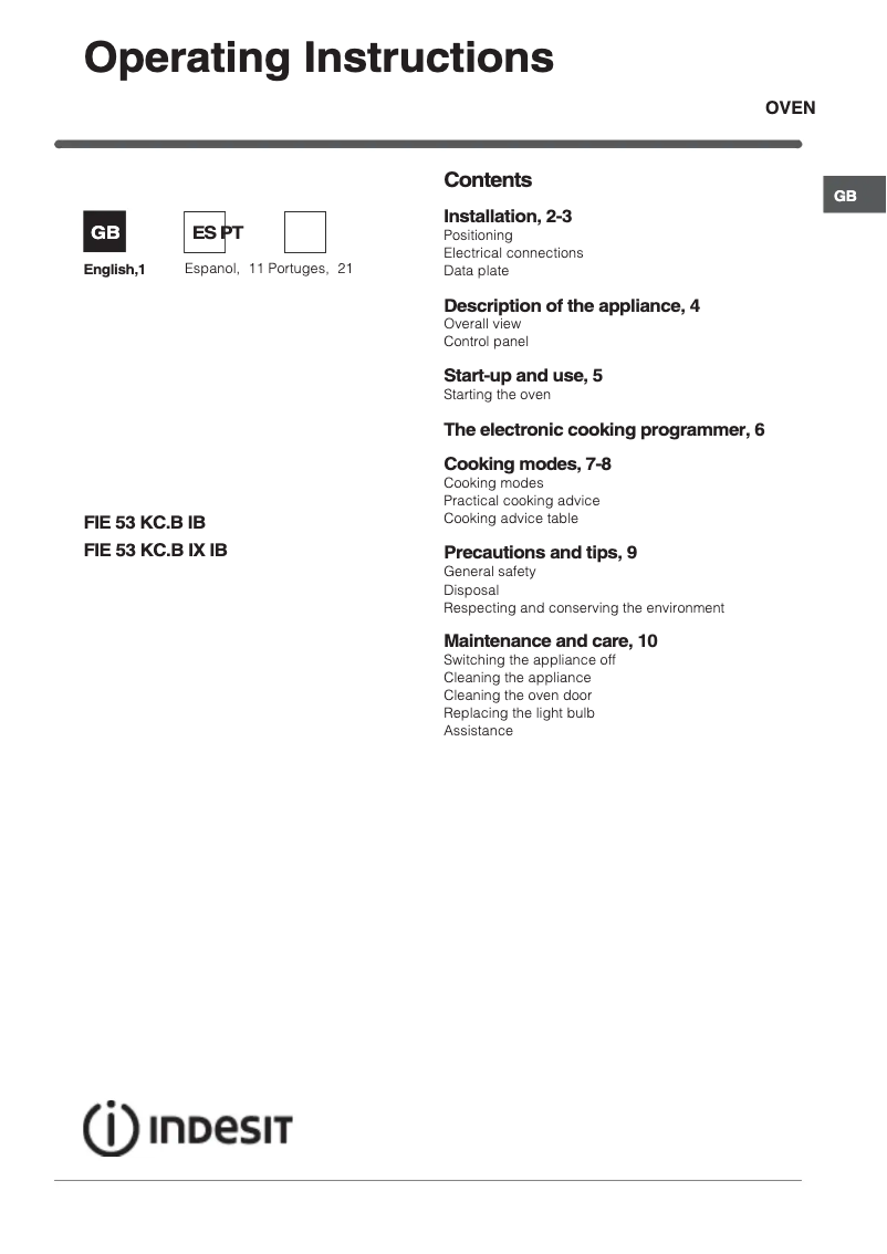 Page n°1 - Manuel utilisateur Indesit FIE 53 KC.B IX IB