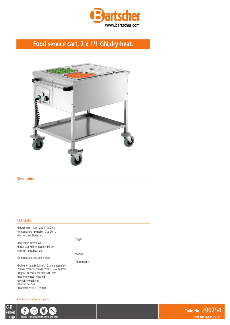Page n°1 - Fiche technique Bartscher 200254