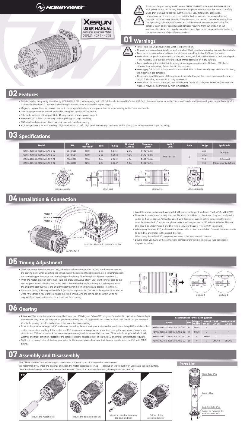 Page n°1 - Manuel utilisateur Hobbywing XeRun-4268SD-1900KV-G2