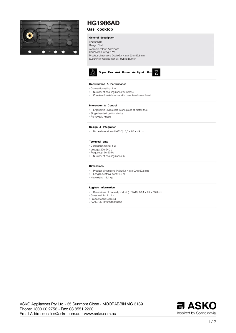 Page 1 de la notice Fiche technique Asko HG1986AD