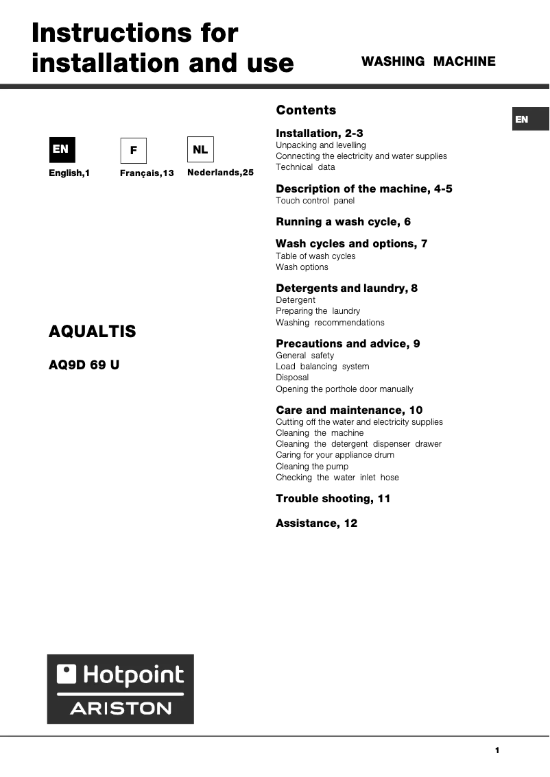 Page n°1 - Manuel utilisateur Hotpoint Ariston AQ9D 69 U