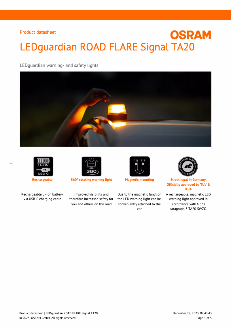 Page n°1 - Fiche technique Osram LEDguardian ROAD FLARE Signal TA20