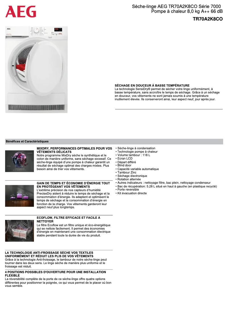 Page n°1 - Fiche technique AEG TR70A2K8CO