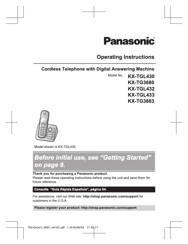 Imagen de la primera página del manual del dispositivo KX-TGL432