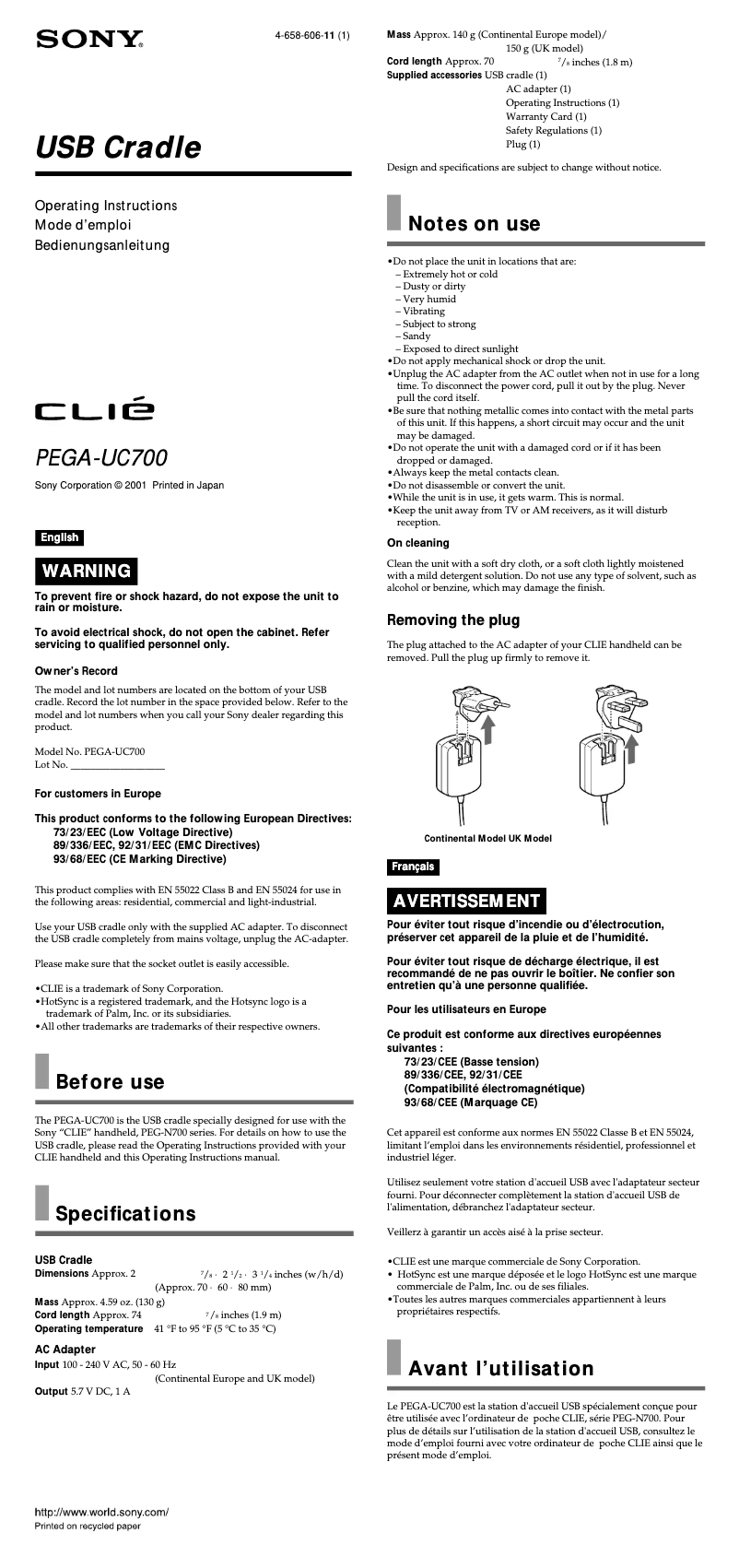 Page 1 de la notice Manuel utilisateur Sony Clié PEGA-UC700