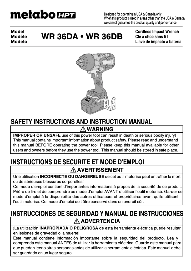 Page 1 de la notice Manuel utilisateur Metabo WR36DB