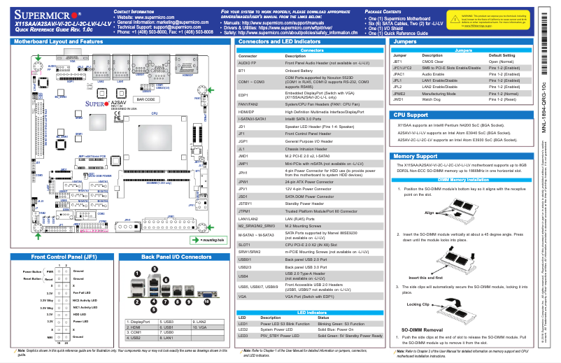 Page 1 de la notice Guide de démarrage rapide Supermicro A2SAV-L