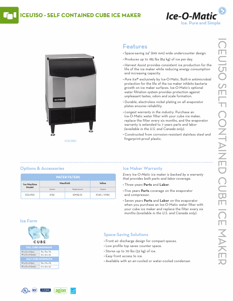Page 1 de la notice Fiche technique Ice-O-Matic ICEU150HA