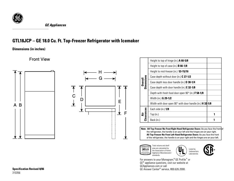 Page n°1 - Fiche technique GE GTL18JCPBS