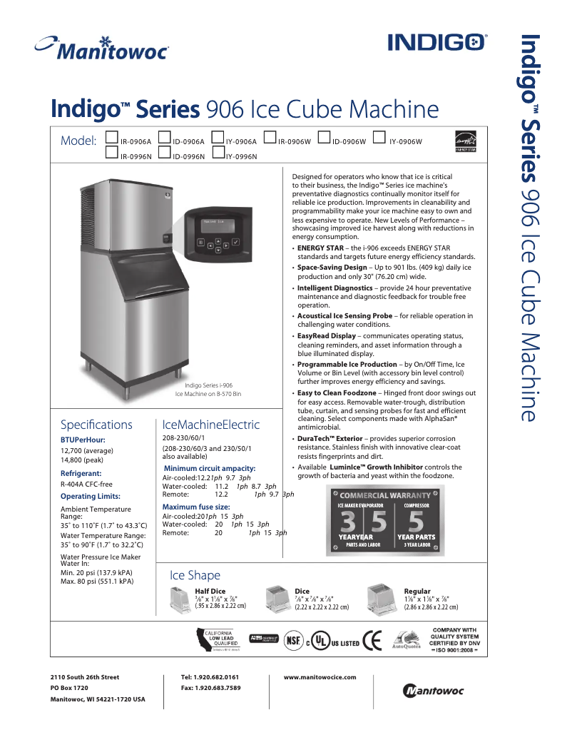 Page n°1 - Fiche technique Manitowoc IY-0906A