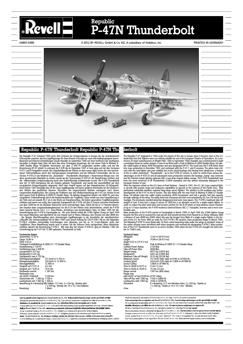 Page 1 de la notice Manuel utilisateur Revell Republic P-47N Thunderbolt