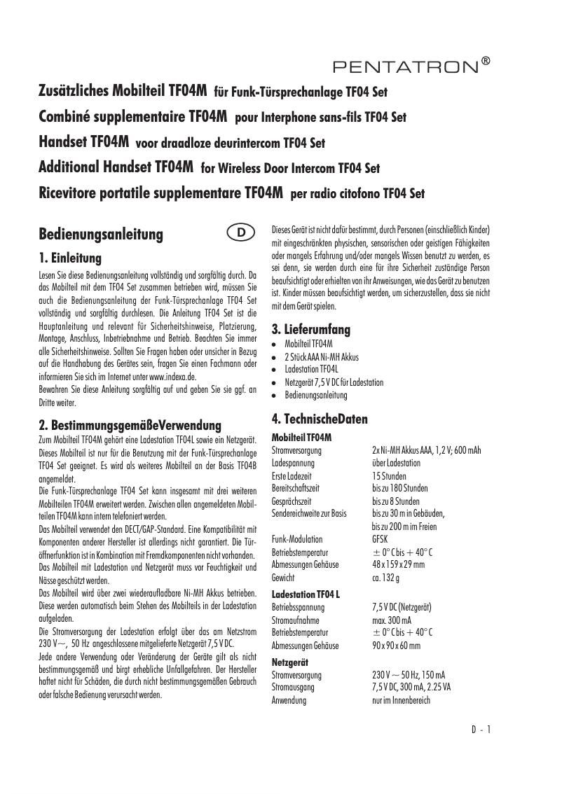 Page n°1 - Manuel utilisateur Pentatron TF04M
