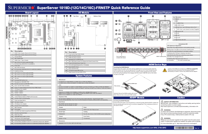 Page 1 de la notice Guide de démarrage rapide Supermicro SuperServer 1019D-14C-FRN5TP