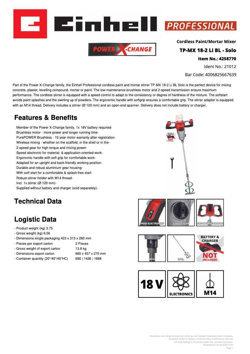 Page 1 de la notice Fiche technique Einhell TP-MX 18-2 Li BL