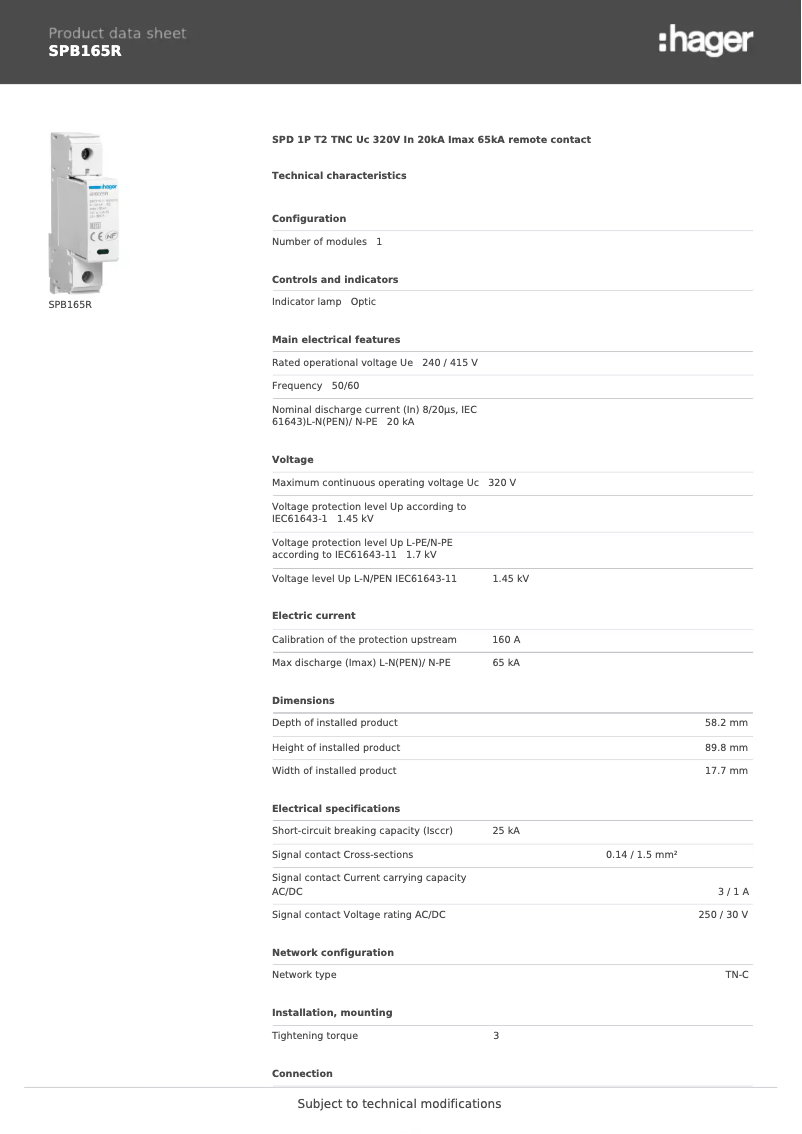 Page 1 de la notice Fiche technique Hager SPB165R