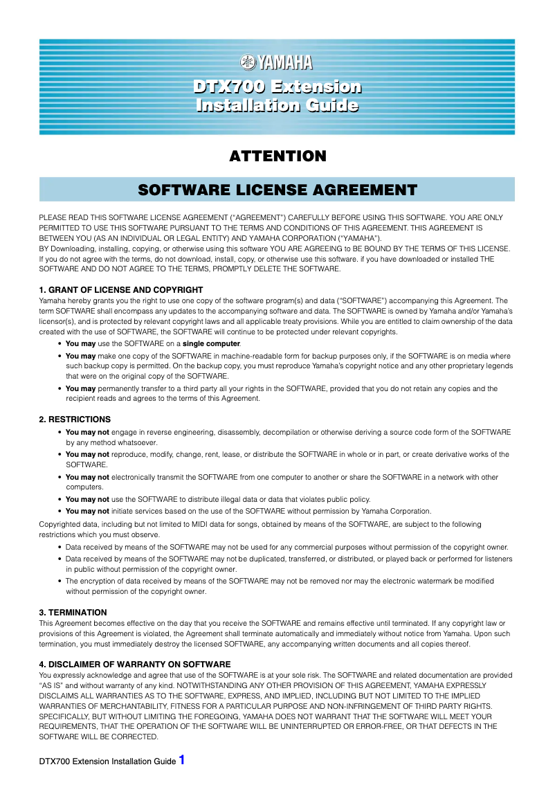 Page 1 de la notice Guide d'installation Yamaha DTX700