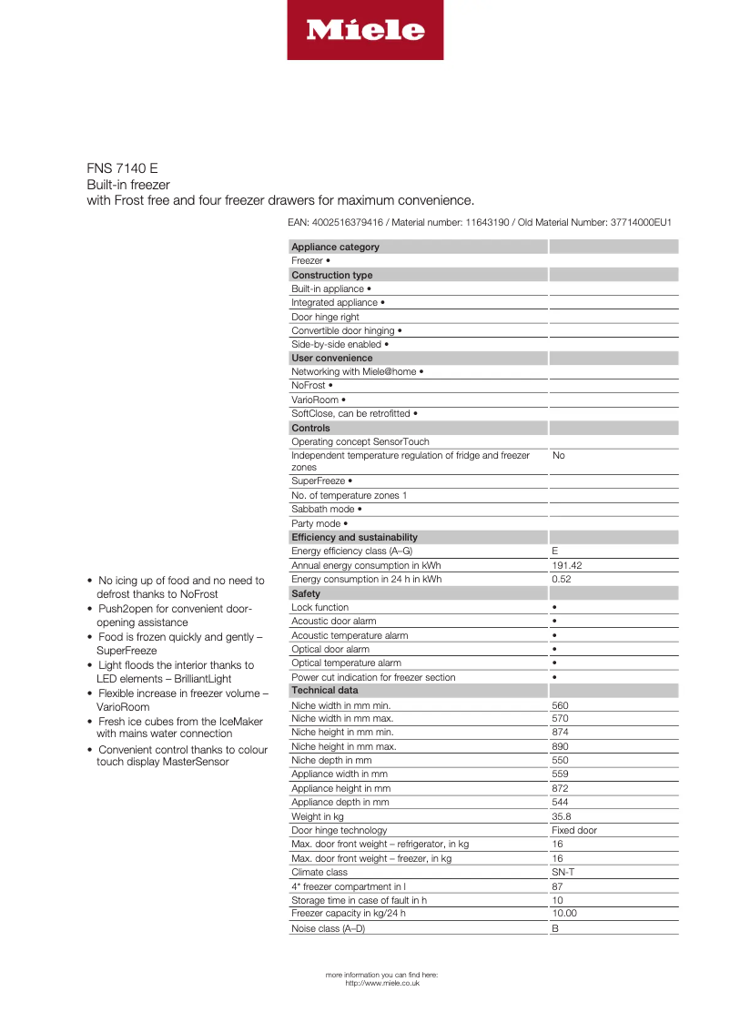 Page n°1 - Fiche technique Miele FNS 7140 E