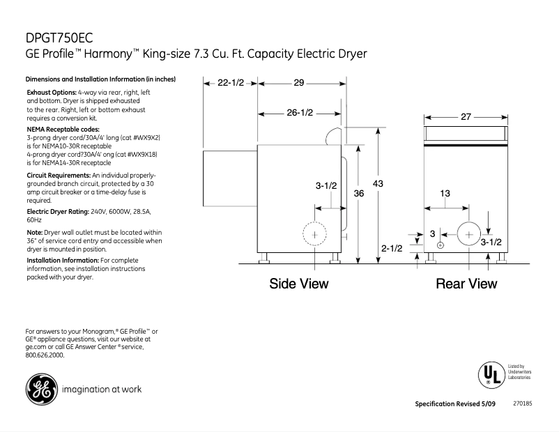 Page n°1 - Fiche technique GE Profile Harmony DPGT750ECPL