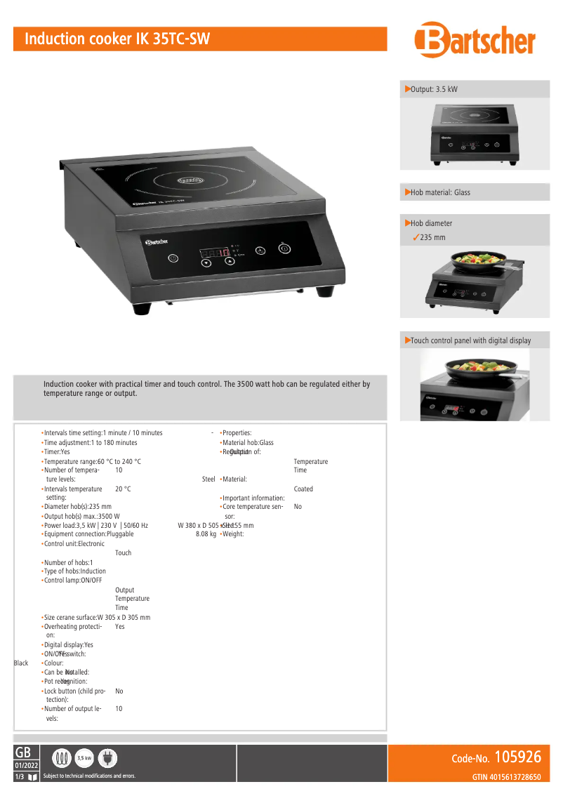 Page n°1 - Fiche technique Bartscher IK 35TC