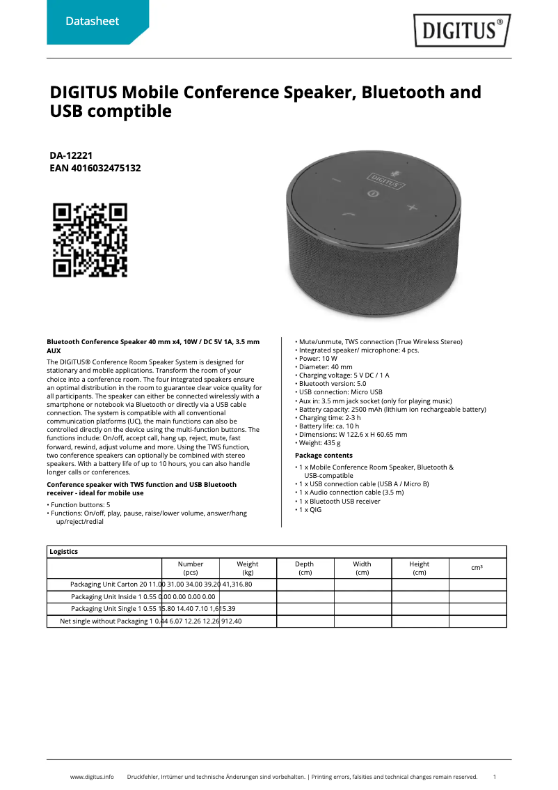 Page 1 de la notice Fiche technique Digitus DA-12221