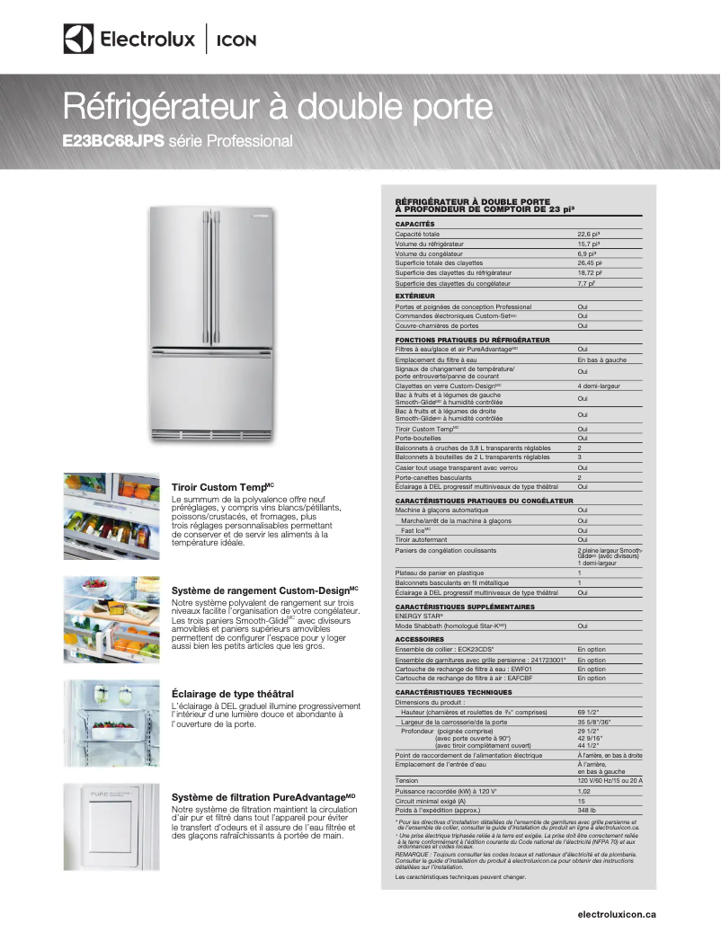 Page 1 de la notice Fiche technique Electrolux E23BC68JPS