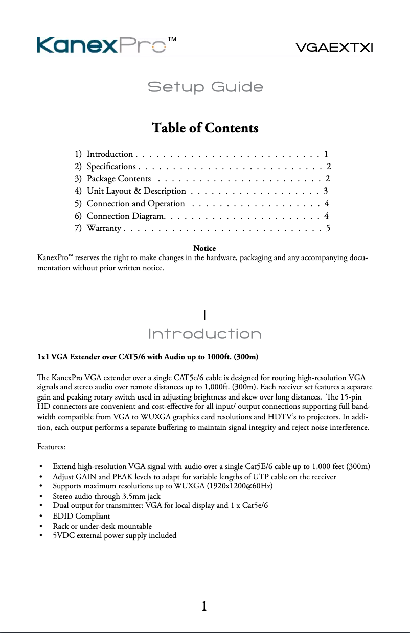 Page n°1 - Manuel utilisateur KanexPro VGAEXTX1