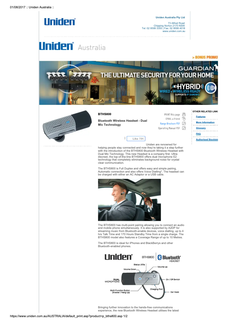 Page 1 de la notice Manuel utilisateur Uniden BTHS 800