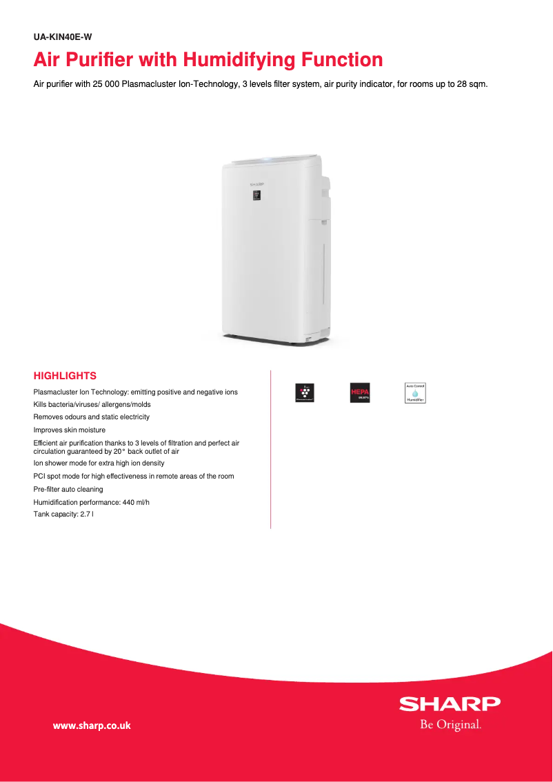 Page n°1 - Fiche technique Sharp UA-KIN40E