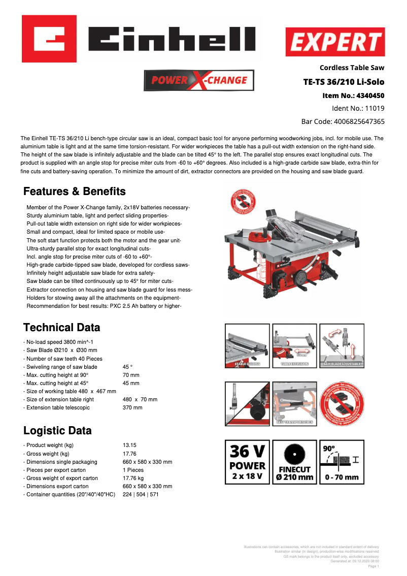 Page 1 de la notice Fiche technique Einhell TE-TS 36/210 Li-Solo