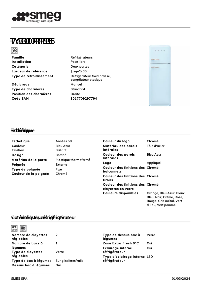 Page n°1 - Fiche technique Smeg FAB30RPB5