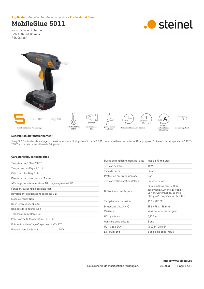 Page n°1 - Fiche technique Steinel MobileGlue 5011