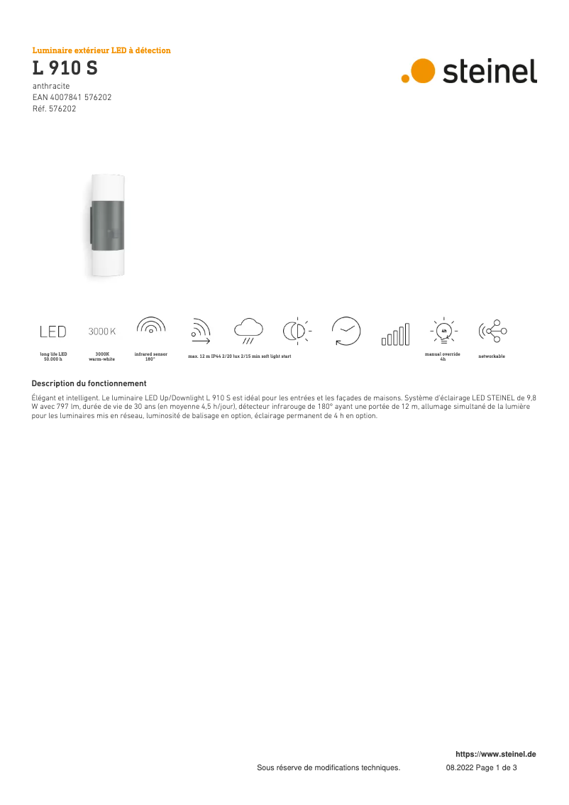 Page 1 de la notice Fiche technique Steinel L 910 S