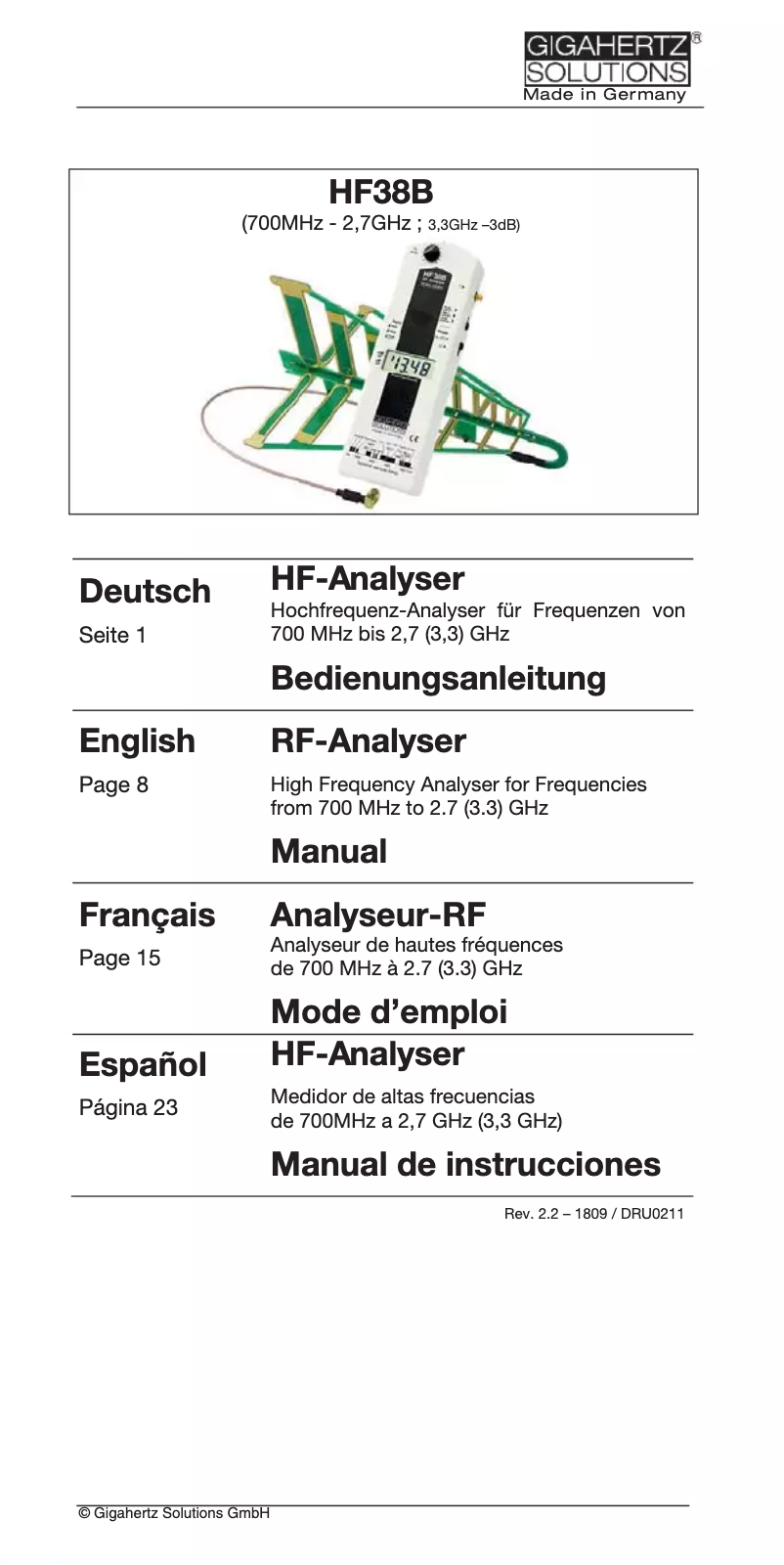 Page n°1 - Manuel utilisateur Gigahertz Solutions HF38B