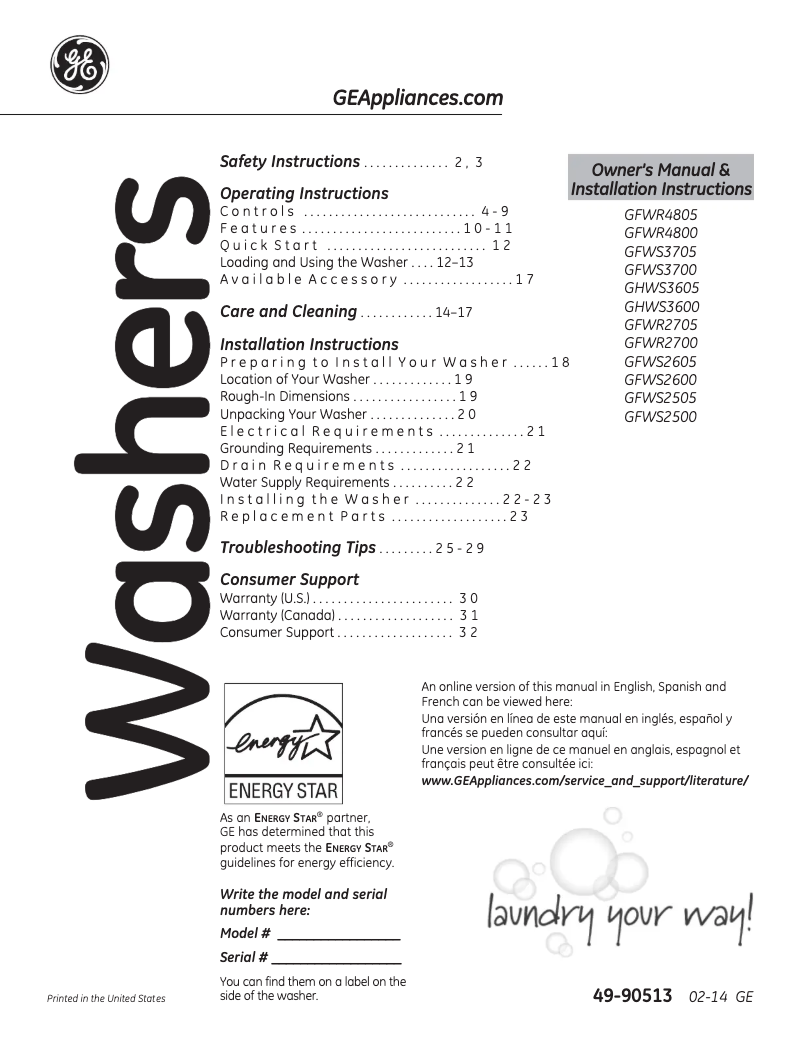 Image de la première page du manuel de l'appareil GFWS2605