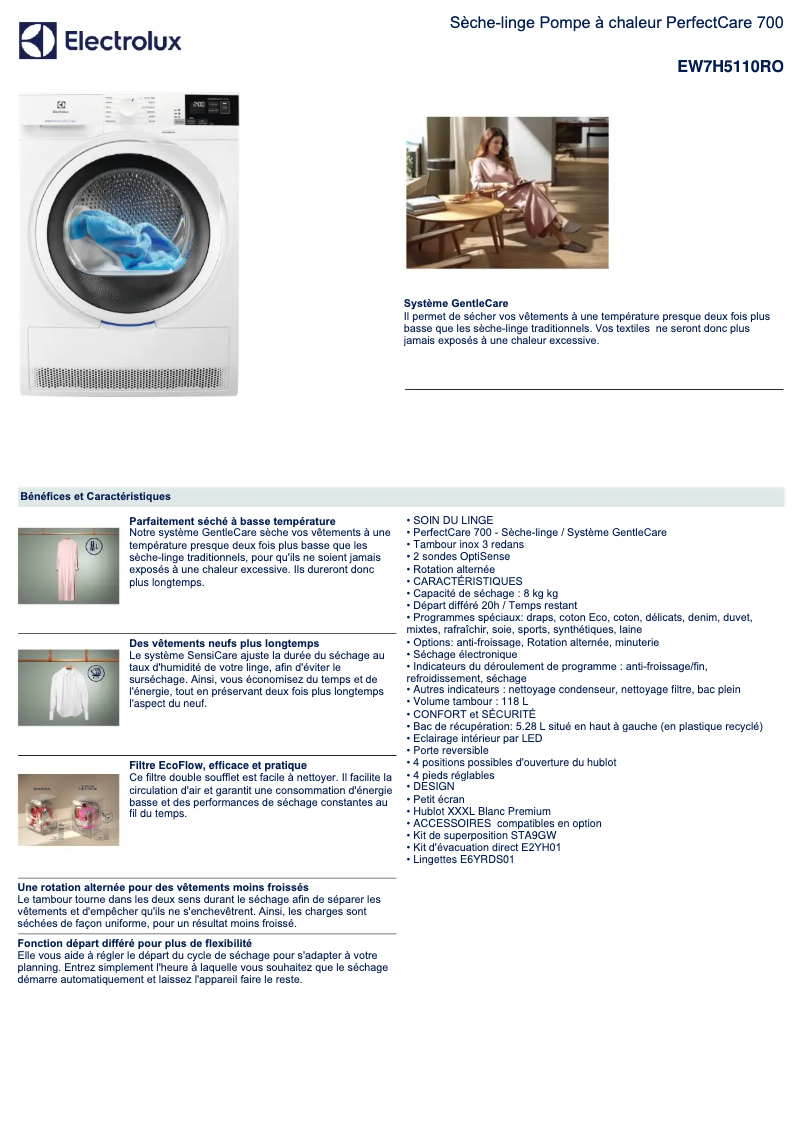 Page 1 de la notice Fiche technique Electrolux EW7H5110RO