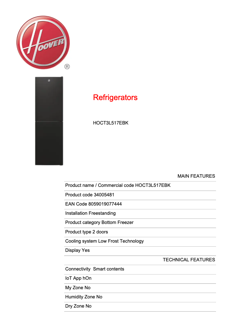 Page 1 de la notice Fiche technique Hoover HOCT3L517EBK