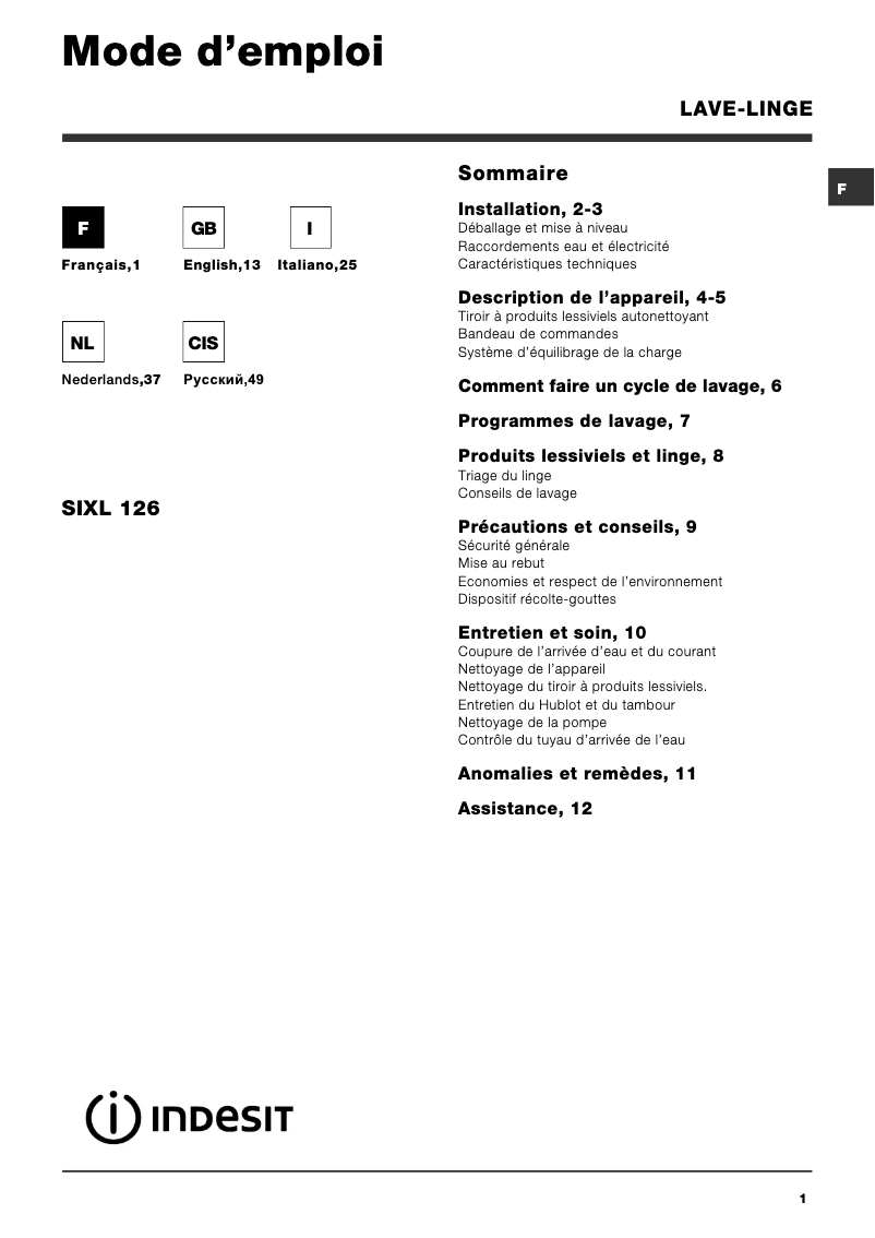 Page 1 de la notice Manuel utilisateur Indesit SIXL 126 (EU)