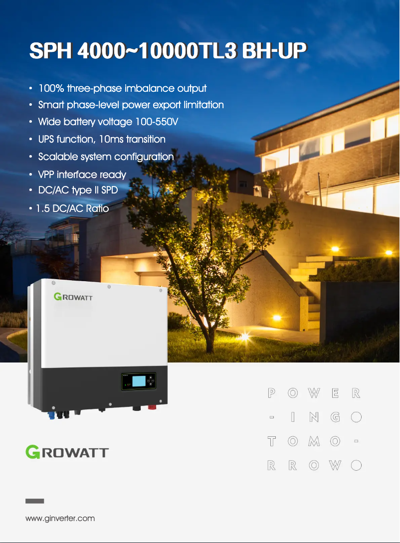 Page 1 de la notice Fiche technique Growatt SPH5000TL3 BH-UP