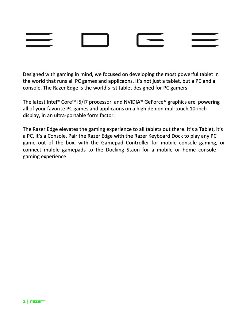 Page 1 de la notice Manuel utilisateur Razer Edge Pro