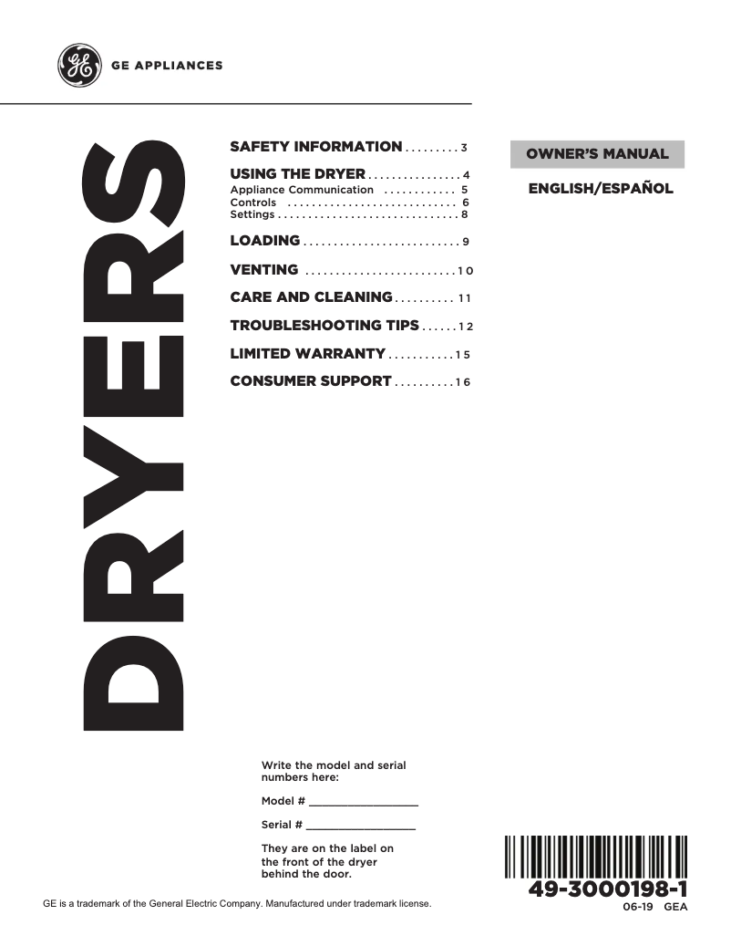 Page 1 de la notice Manuel d'utilisation et d'entretien GE GTD84GCPNDG