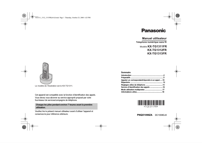 Imagen de la primera página del manual del dispositivo KX-TG1313
