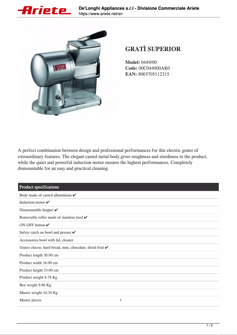 Image de la première page du manuel de l'appareil Gratì Superior 0449
