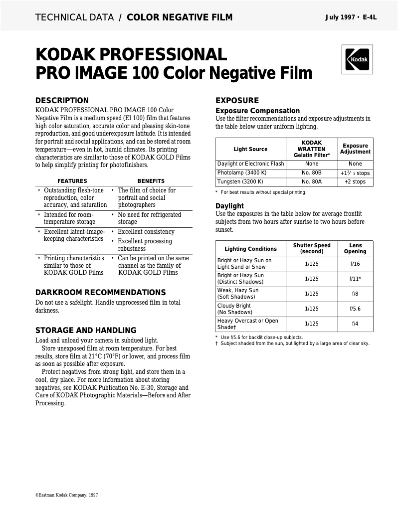 Page 1 de la notice Manuel utilisateur Kodak Pro Image 100 Color Negative Film