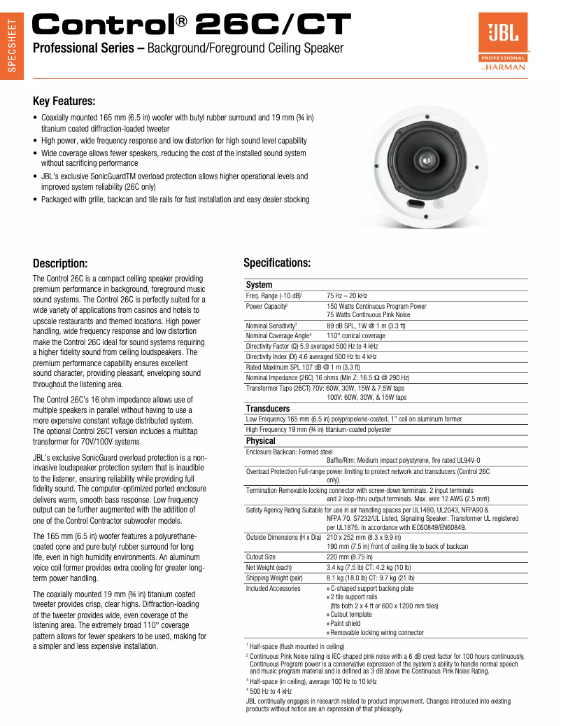 Page n°1 - Fiche technique JBL Control 26C