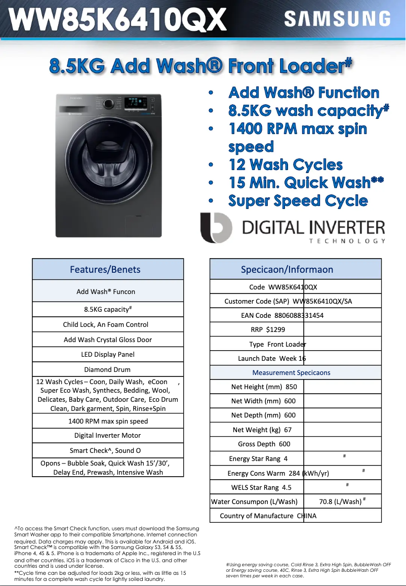 Image de la première page du manuel de l'appareil WW85K6410QX
