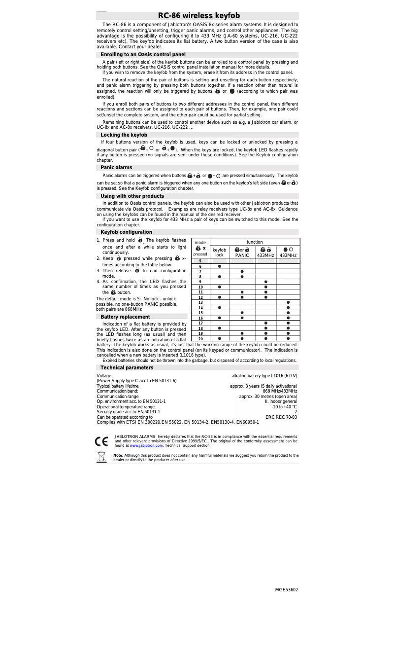 Image de la première page du manuel de l'appareil RC-86