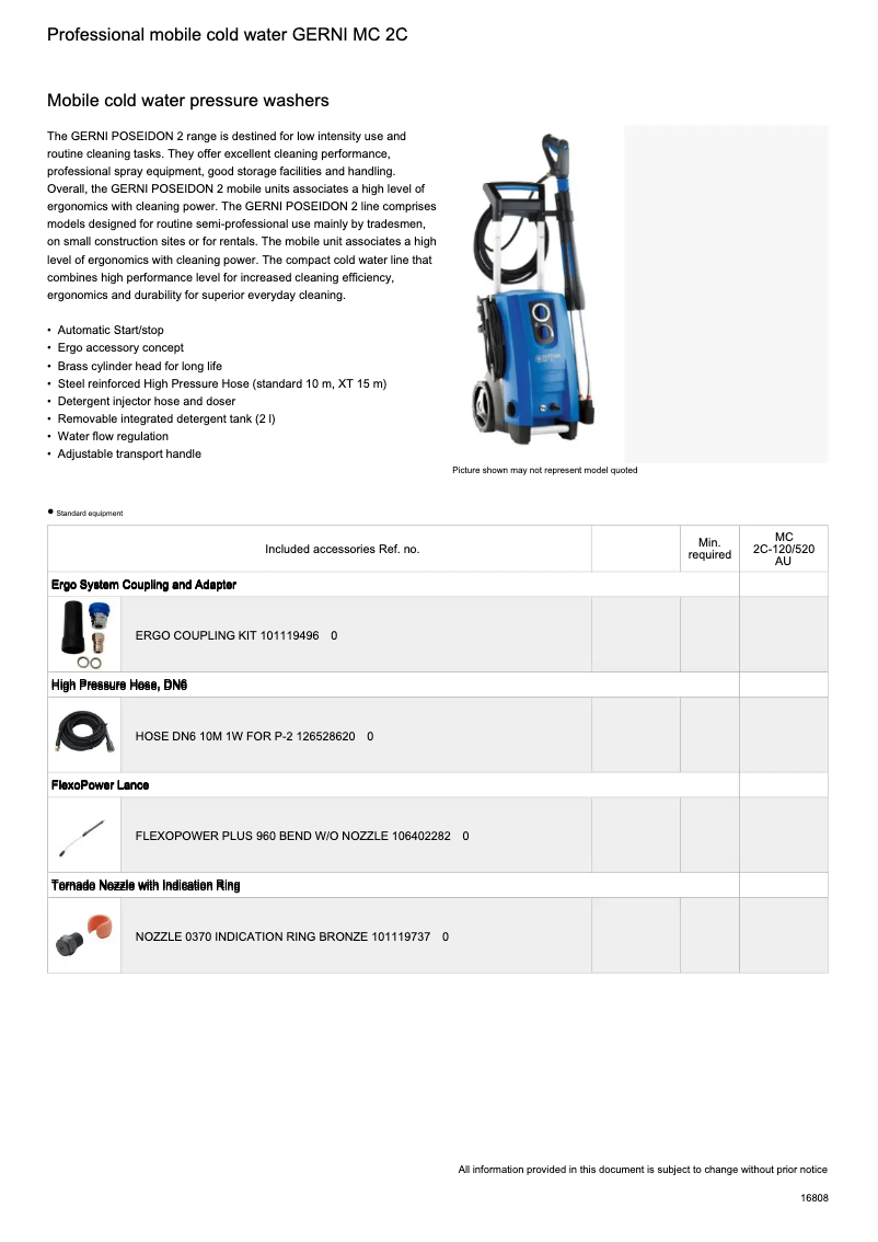 Page 1 de la notice Fiche technique Nilfisk GERNI POSEIDON 2